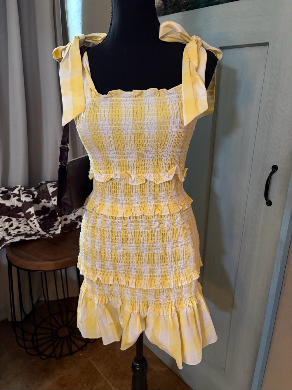 Aqua Yellow and White Gingham Smocked Tie-Shoulder Mini Dress